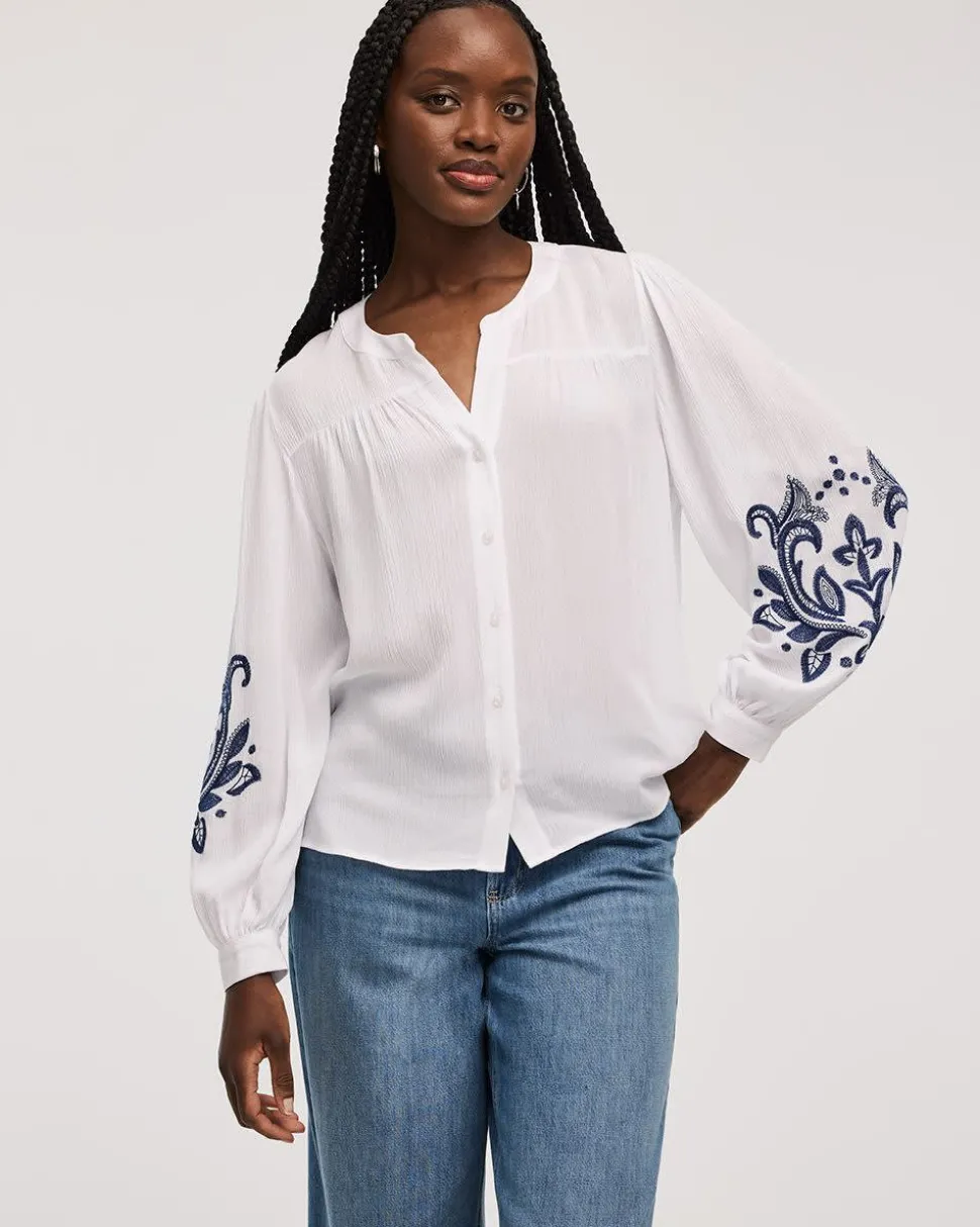 Buttoned-Down Loose Blouse with Crew Neckline