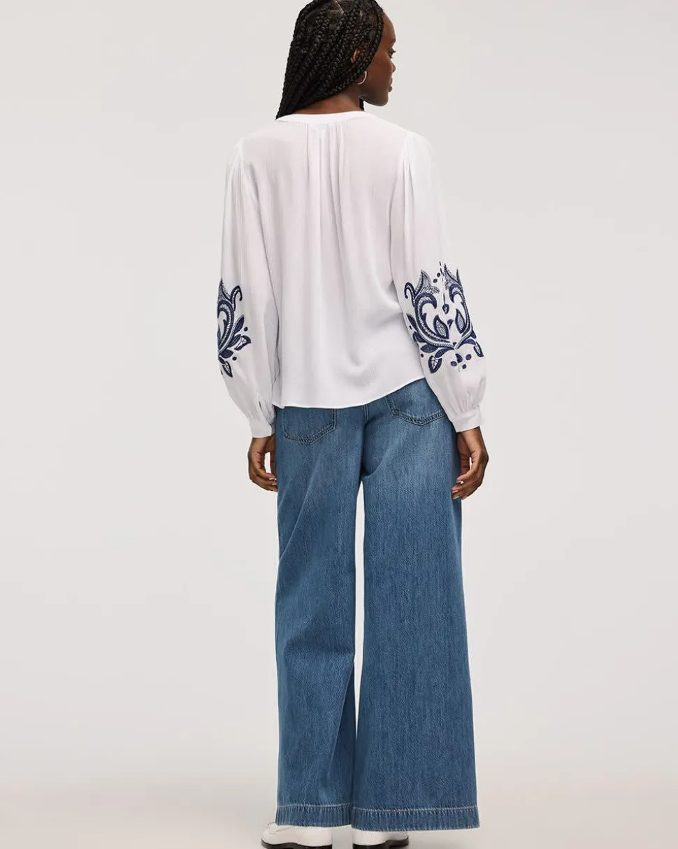 Buttoned-Down Loose Blouse with Crew Neckline