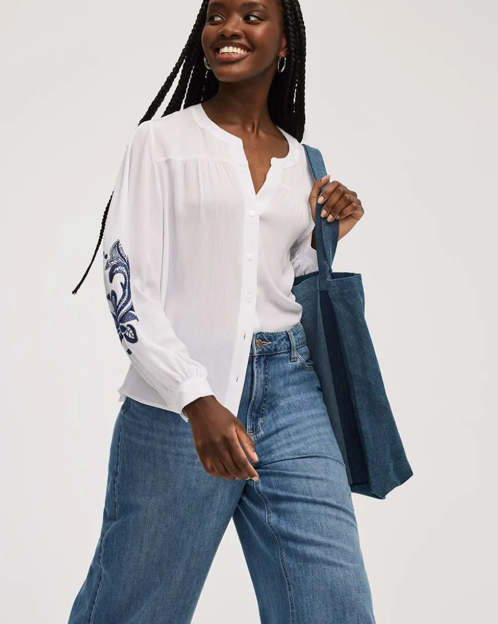 Buttoned-Down Loose Blouse with Crew Neckline