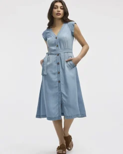 Cap-Sleeve Fit-and-Flare Tencel Midi Dress
