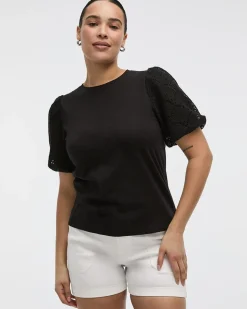 Crew-Neck Mix-Media T-Shirt with Elbow Puffy Sleeves