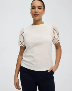 Crew-Neck Mix-Media T-Shirt with Short Puffy Sleeves
