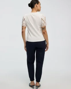 Crew-Neck Mix-Media T-Shirt with Short Puffy Sleeves