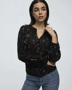 Crinkle-Knit Split-Neck Top
