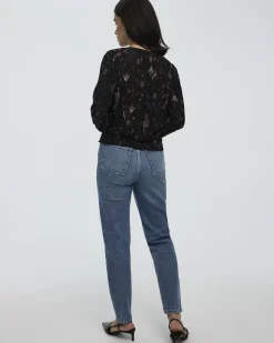 Crinkle-Knit Split-Neck Top