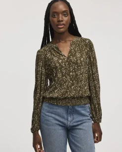 Crinkle-Knit Split-Neck Top