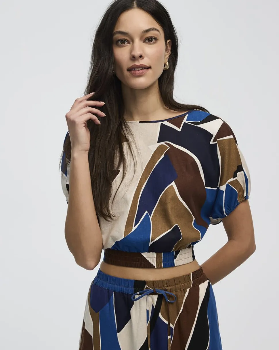 Cropped Short-Sleeve Boat-Neck Linen-Blend Top