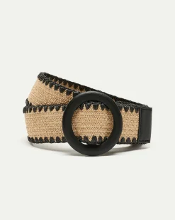 Elastic Straw Belt with Round Wooden Buckle