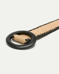 Elastic Straw Belt with Round Wooden Buckle