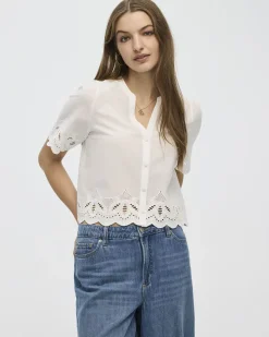 Elbow-Sleeve Split-Neck Blouse with Eyelet Trims