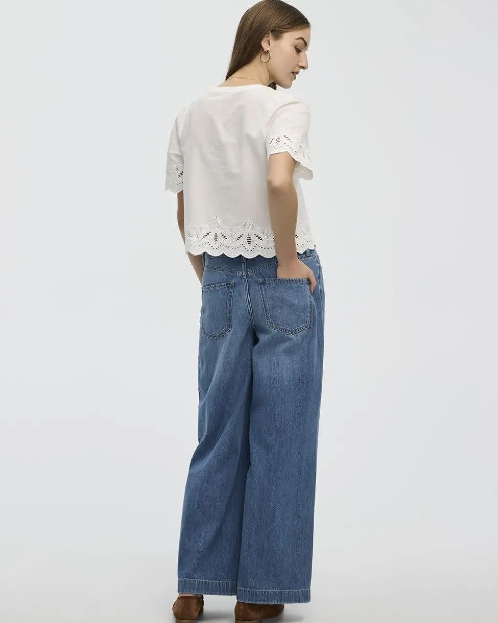Elbow-Sleeve Split-Neck Blouse with Eyelet Trims