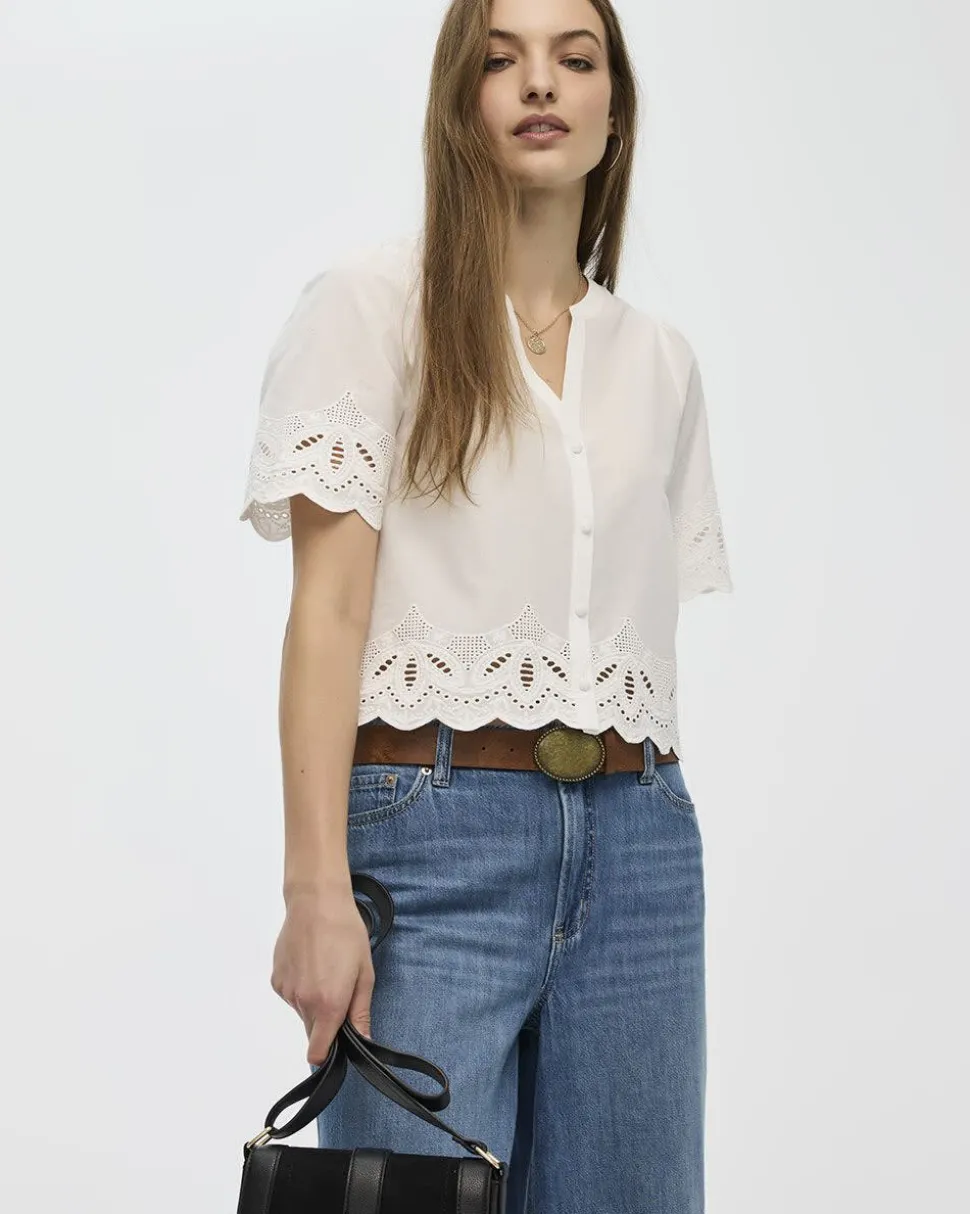 Elbow-Sleeve Split-Neck Blouse with Eyelet Trims