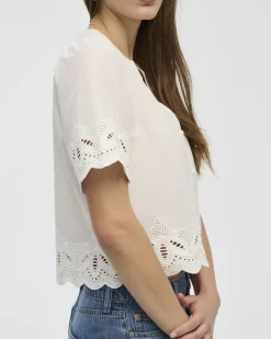Elbow-Sleeve Split-Neck Blouse with Eyelet Trims