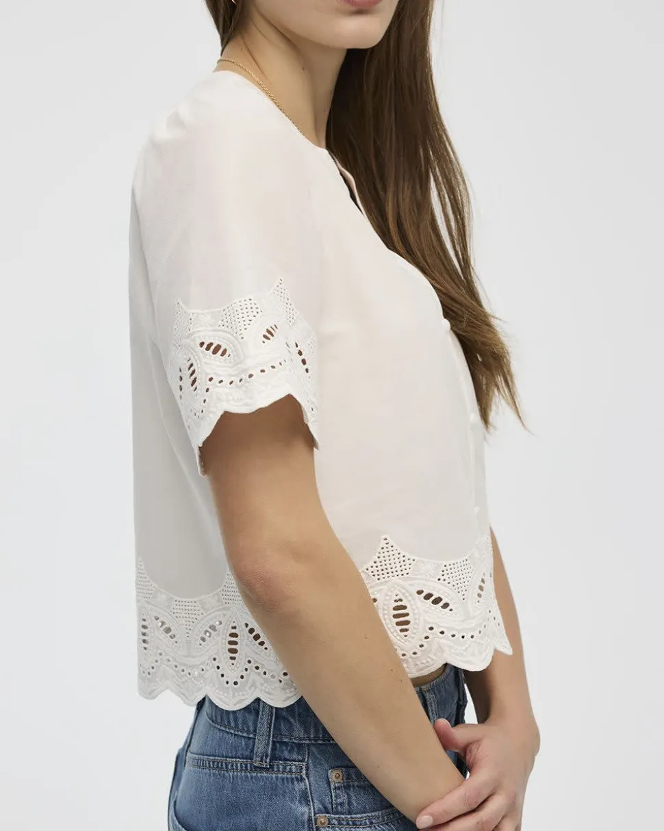 Elbow-Sleeve Split-Neck Blouse with Eyelet Trims