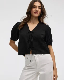 Elbow-Sleeve V-Neck Blouse with Self-Tie Closure