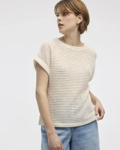 Extended-Sleeve Boat-Neck Mesh Top