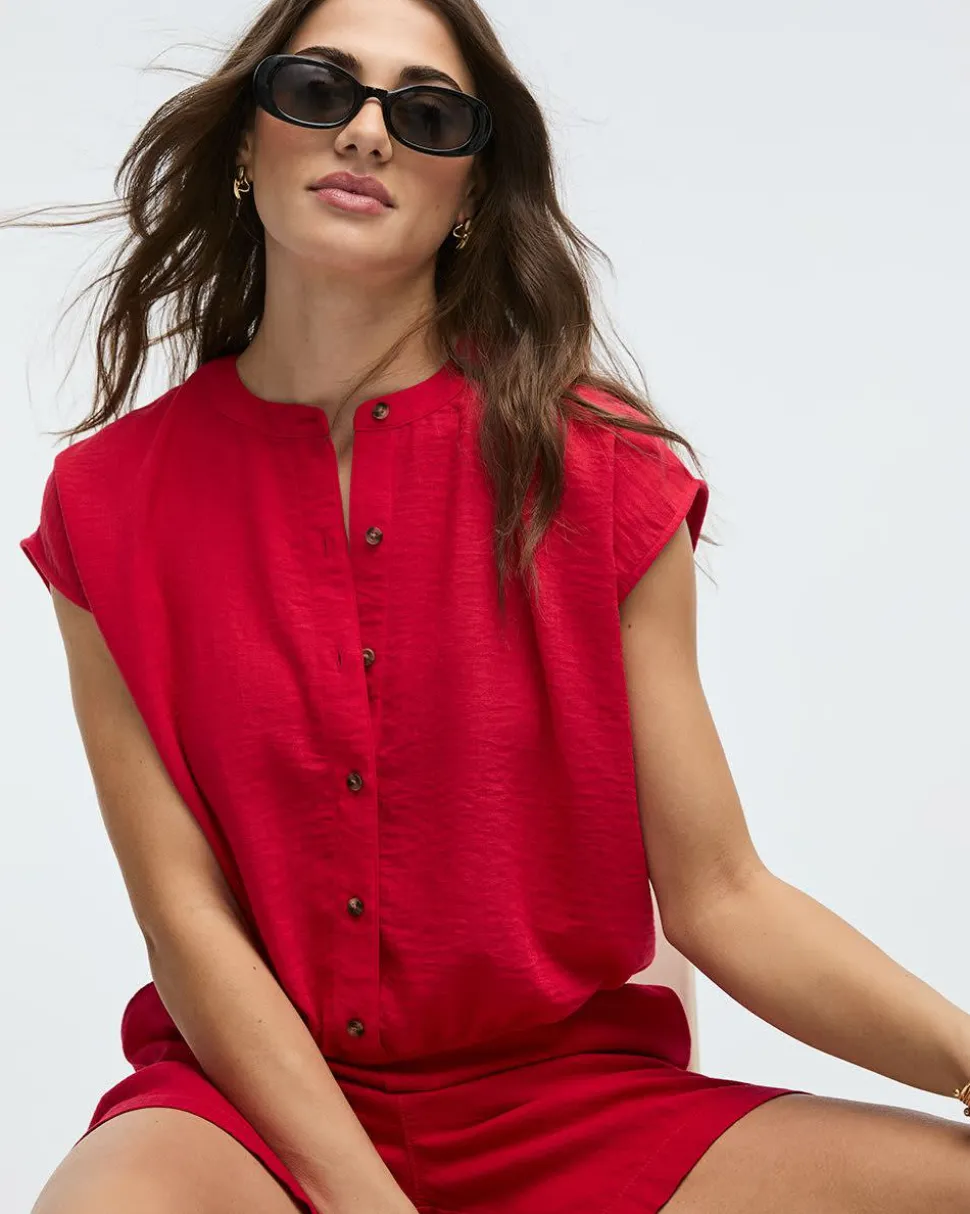 Extended-Sleeve Crew-Neck Buttoned-Down Blouse