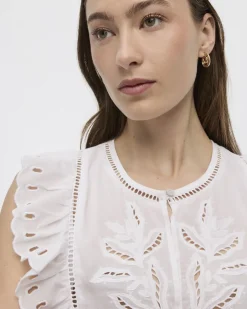 Extended-Sleeve Crew-Neck Blouse with Emboideries