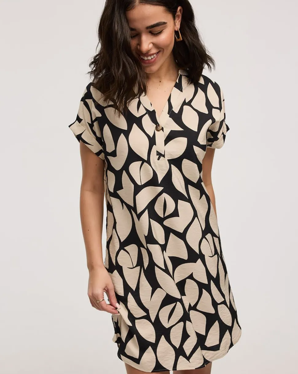 Extended-Sleeve Shift Dress with Split Neckline
