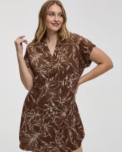 Extended-Sleeve Shift Dress with Split Neckline