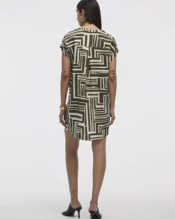 Extended-Sleeve Shift Dress with Split Neckline