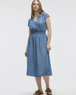 Extended-Sleeve V-Neck Midi Dress