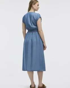 Extended-Sleeve V-Neck Midi Dress