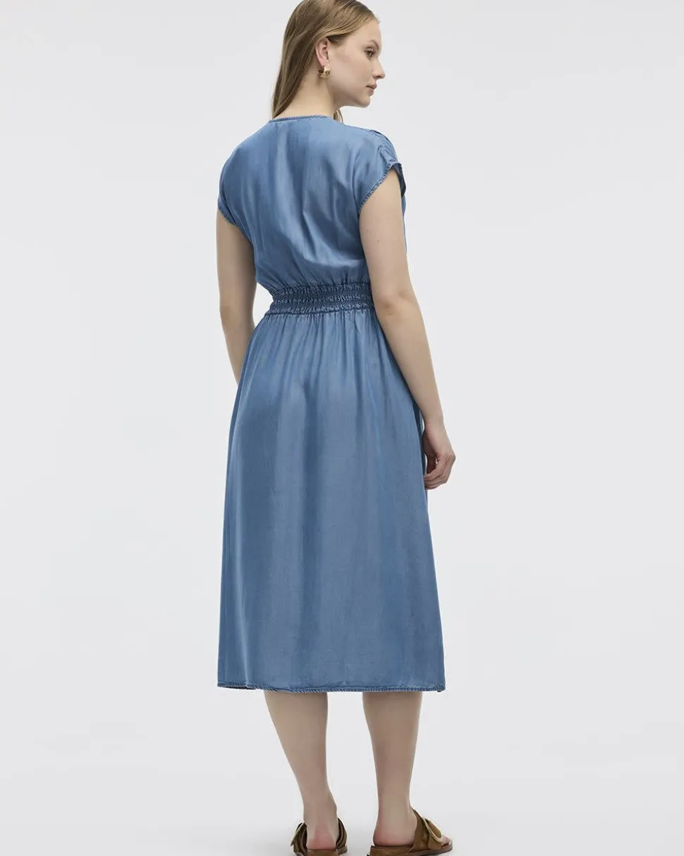 Extended-Sleeve V-Neck Midi Dress