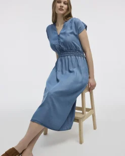 Extended-Sleeve V-Neck Midi Dress