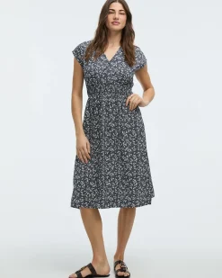 Extended-Sleeve V-Neck Midi Dress
