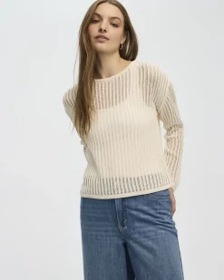 Long-Sleeve Boat-Neck Open-Stitch Pullover