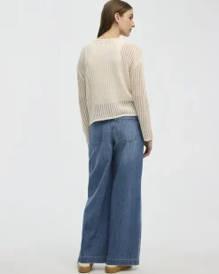 Long-Sleeve Boat-Neck Open-Stitch Pullover