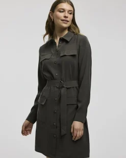 Long-Sleeve Buttoned-Down Dress with Utility Pockets