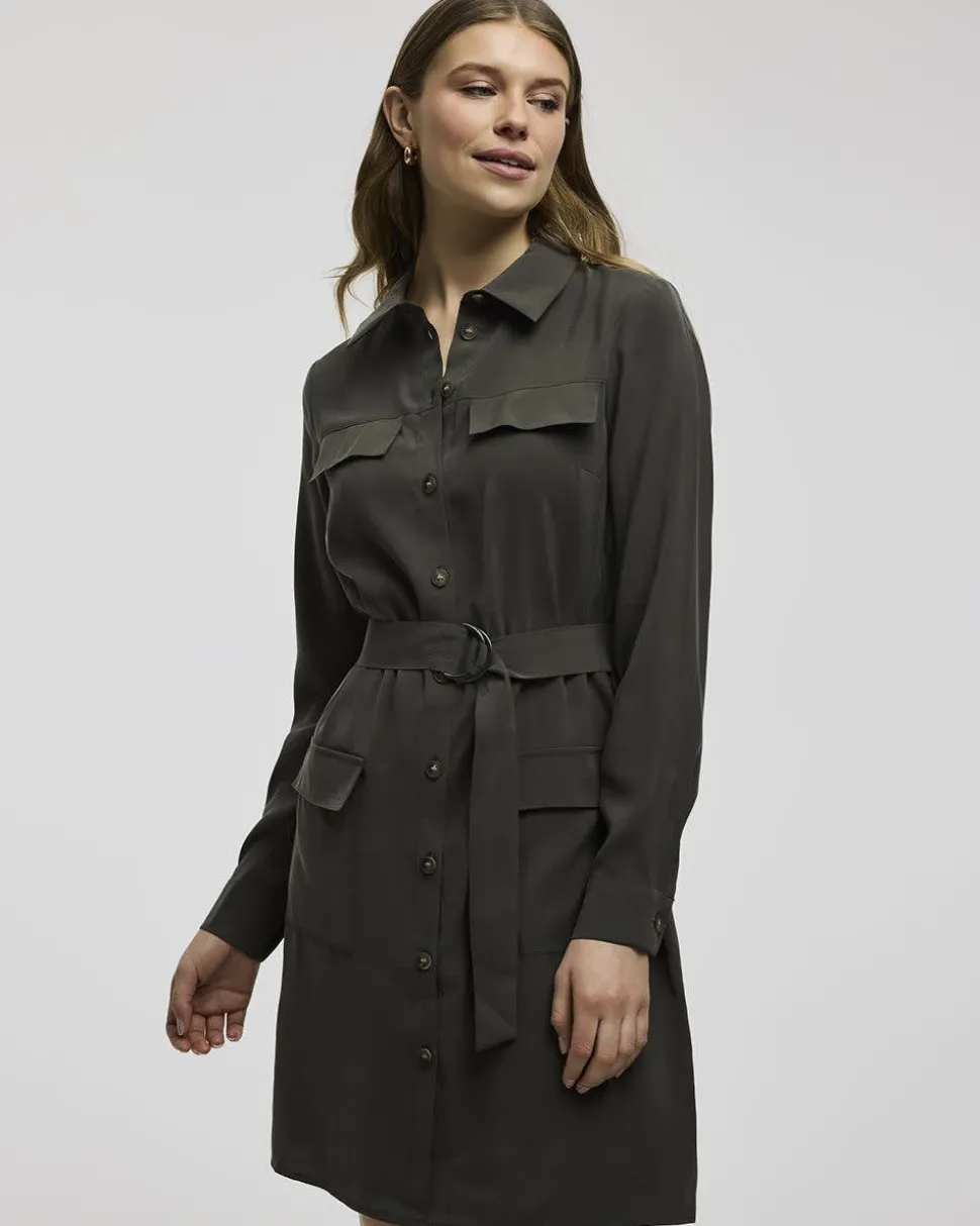 Long-Sleeve Buttoned-Down Dress with Utility Pockets