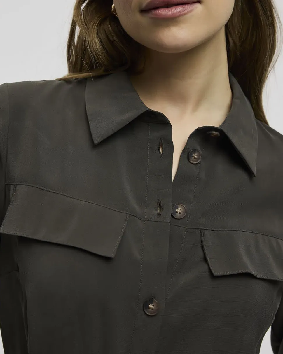 Long-Sleeve Buttoned-Down Dress with Utility Pockets