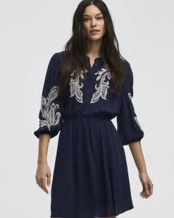 Long-Sleeve Crew-Neck Dress with Embroidered Details