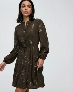 Long-Sleeve Crew-Neck Dress with Pintucks