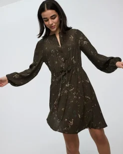 Long-Sleeve Crew-Neck Dress with Pintucks