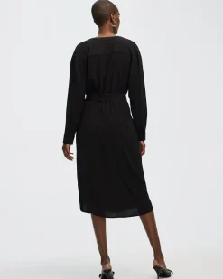 Long-Sleeve Split-Neck Satin Dress