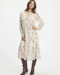 Long-Sleeve Split-Neck Tiered Dress with Pintucks