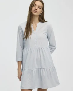 Long-Sleeve Split-Neck Tiered Dress