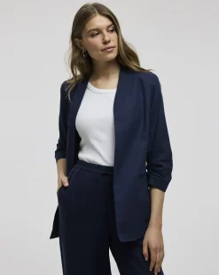 Open Linen Blazer with Ruched Sleeves