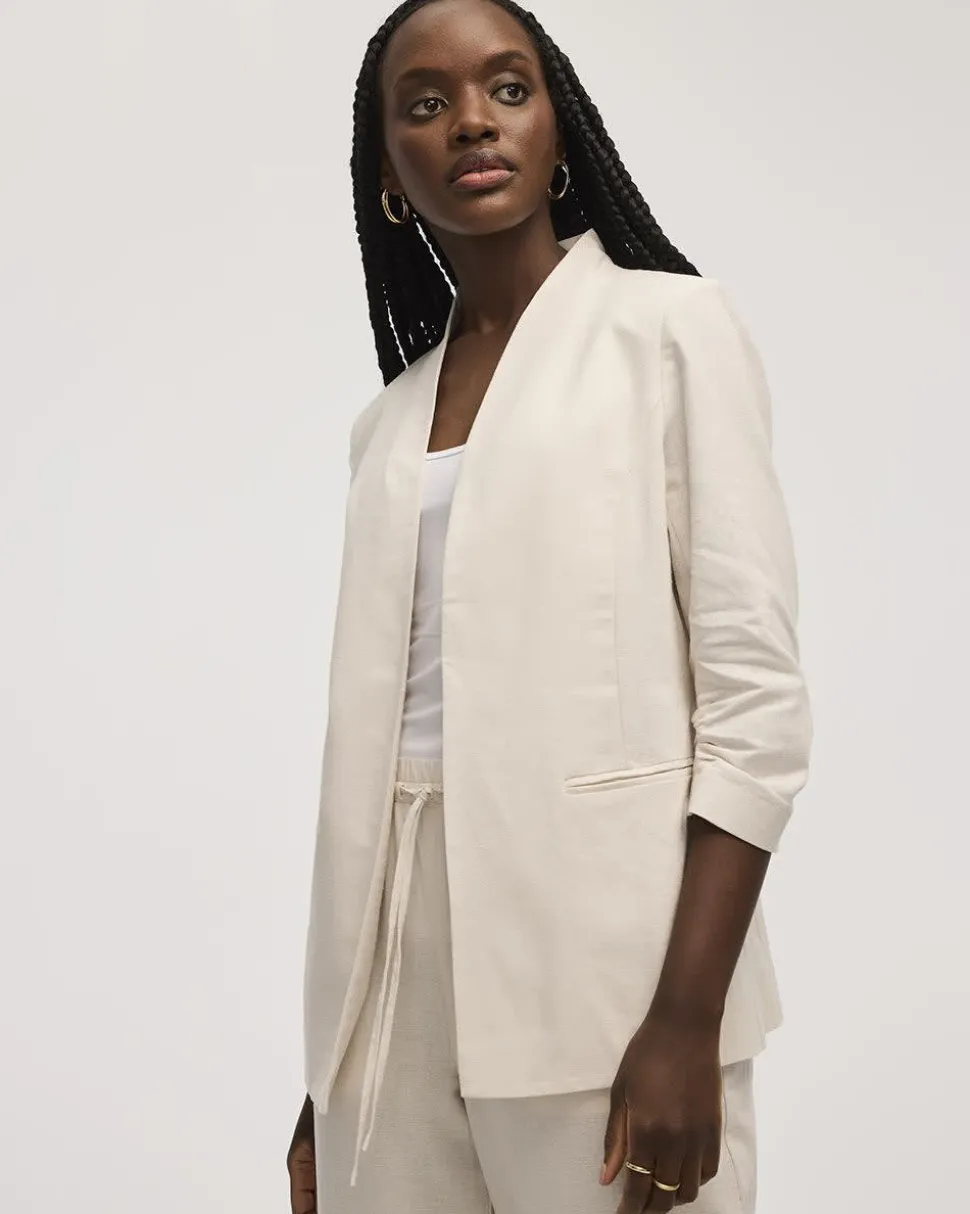 Open Linen Blazer with Ruched Sleeves
