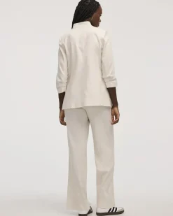 Open Linen Blazer with Ruched Sleeves