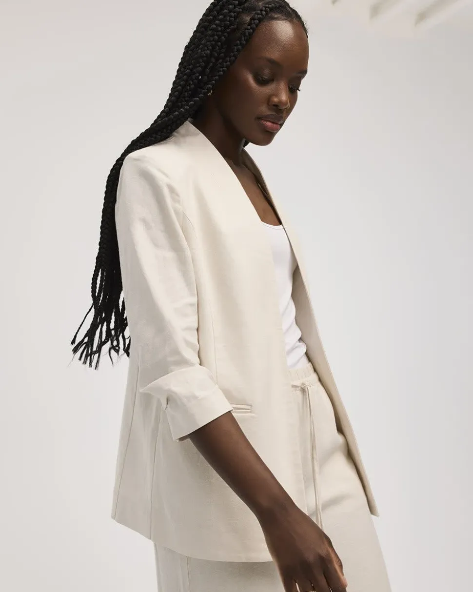 Open Linen Blazer with Ruched Sleeves