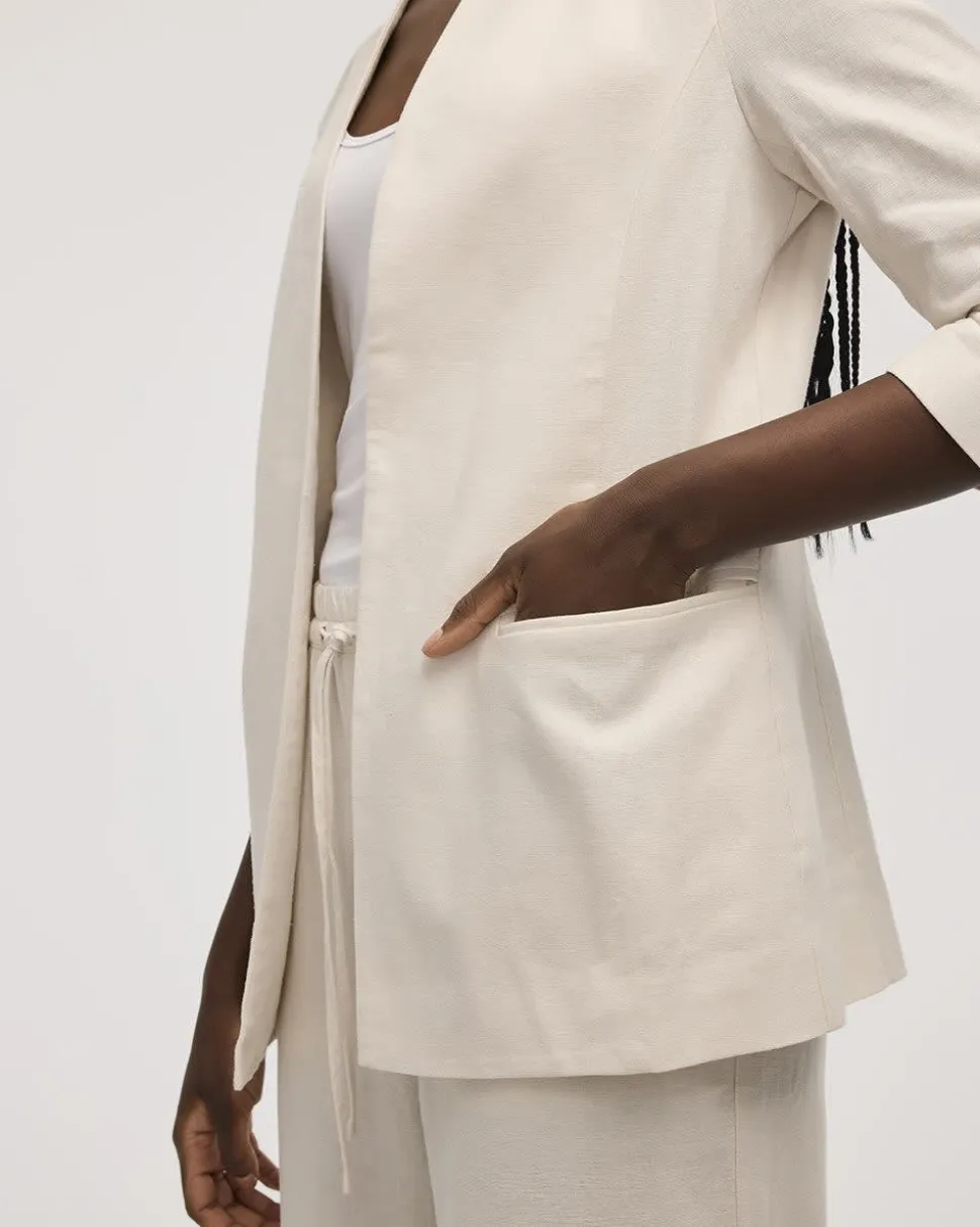 Open Linen Blazer with Ruched Sleeves