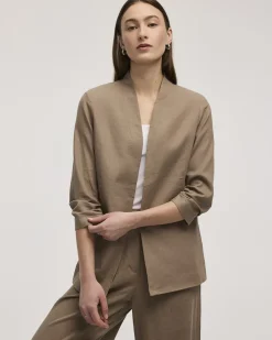 Open Linen Blazer with Ruched Sleeves