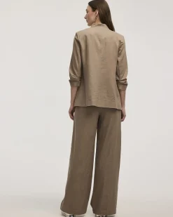 Open Linen Blazer with Ruched Sleeves