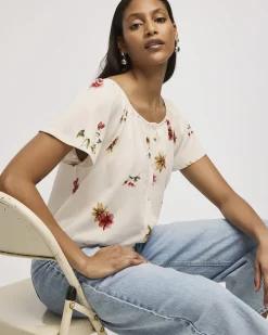 Short-Flutter-Sleeve Open-Neck Buttoned-Down Top