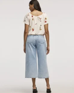 Short-Flutter-Sleeve Open-Neck Buttoned-Down Top